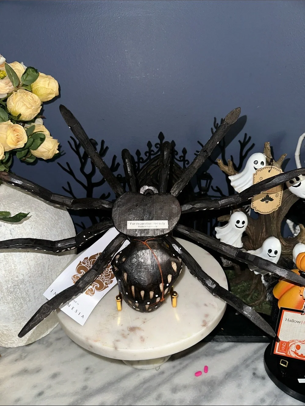 Halloween Handcrafted Black & White Wooden Spider Figurine wooden tarantula